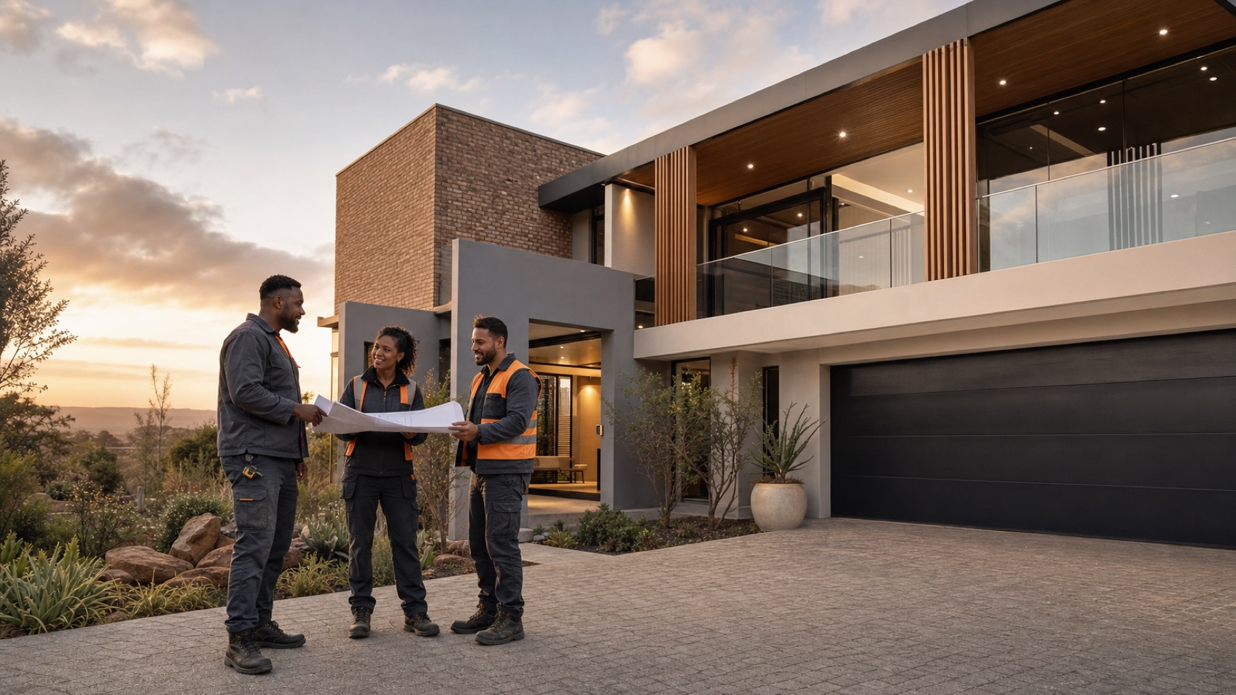 Construction professionals at a contemporary residential building